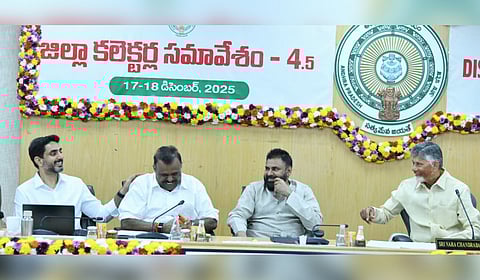 CM Nara Chandrababu Naidu, deputy CM Pawan Kalyan and other ministers during the 5th Collectors Conference at Secretariat in Velagapudi on Wednesday.
