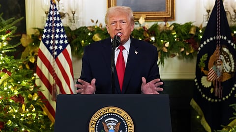 US President Donald Trump speaks during an address to the nation from the Diplomatic Reception Room at the White House, Wednesday, Dec. 17, 2025, in Washington.