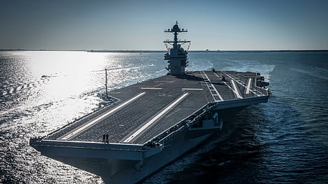 In this photo provided by the US Navy, the USS Gerald R Ford embarked on the first of its sea trials to test various state-of-the-art systems on its own power for the first time, April 8, 2017, from Newport News, Va.
