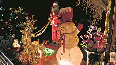 City wrapped in Christmas lights