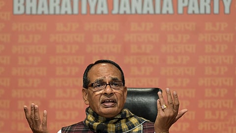 Union minister Shivraj Singh Chauhan addresses a press conference at BJP HQ in New Delhi on Thursday.
