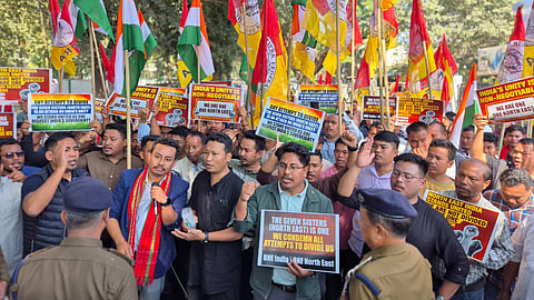 Members of the Youth Tipra Federation (YTF), the youth wing of BJP ally Tipra Motha Party (TMP), staged a protest in front of the Bangladesh Assistant High Commission in Agartala, the capital of Tripura.