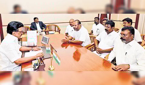 Chief Minister MK Stalin in conversation with a six-member delegation of Tamil leaders from Sri Lanka on Thursday.