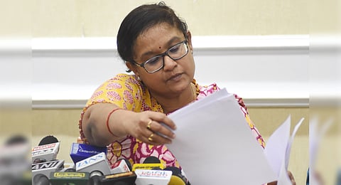 Chief Electoral Officer Archana Patnaik addressing the media.