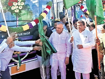 Transport Minister Ramlinga Reddy flags off a new fleet of buses in Vijayapura on Saturday