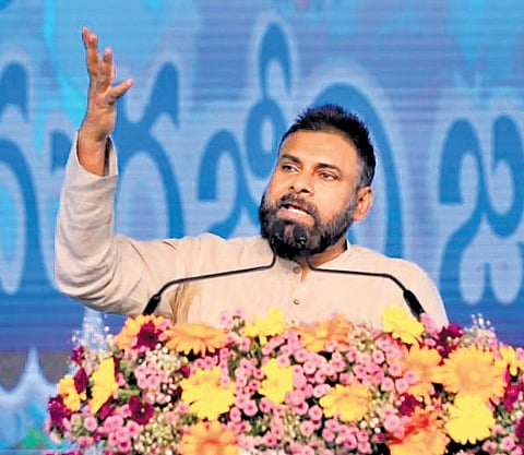 Deputy CM Pawan Kalyan addressing a gathering after laying the foundation stone for Amarajeevi Jaladhara Water Grid at Peravali on Saturday.