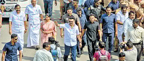 Chief Minister MK Stalin taking part in a roadshow upon arriving in Tirunelveli on Saturday. Thousands of people had gathered to welcome him.