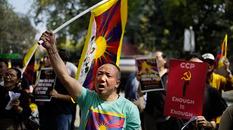 Sonam Tashi shouts slogans during a demonstration to commemorate the anniversary of the 1959 uprising in Tibet against Chinese rule, in New Delhi, India, March 10, 2025.