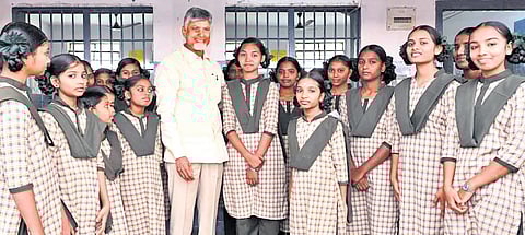 Chief Minister N Chandrababu Naidu interacts with students of Social Welfare Residential School in Anakapalle district.