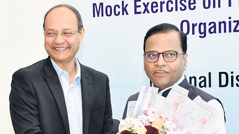 Chief Secretary K Ramakrishna Rao during a conference on the state-level mock exercises on floods and industrial accidents on Friday.