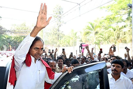 BRS president K Chandrasekhar Rao arrives at Telangana Bhavan in Hyderabad.