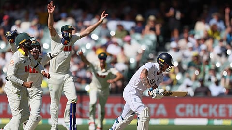Australian players celebrate after England's Ben Stokes, right, was dismissed during play on day four of the third Ashes cricket test between England and Australia in Adelaide, Australia.