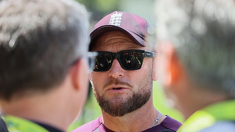 England head coach Brendon McCullum talks to the media after Australia won the third Ashes Test against England in Adelaide, Australia, Sunday, Dec. 21, 2025