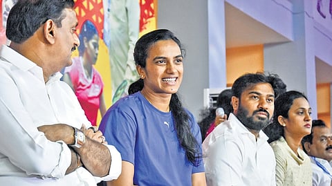 Vijayawada MP Kesineni Sivanath,Ace shuttler and Olympian PV Sindhu, SAAP chairman Ravi Naidu and SAAP VC &MD Bharani during the inauguration of 87th Senior National Badminton Championships.