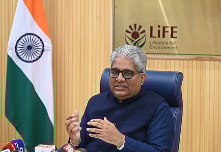 Union Minister for Environment, Forest and Climate Change Bhupender Yadav during a press conference, at Indira Paryavaran Bhawan, in New Delhi