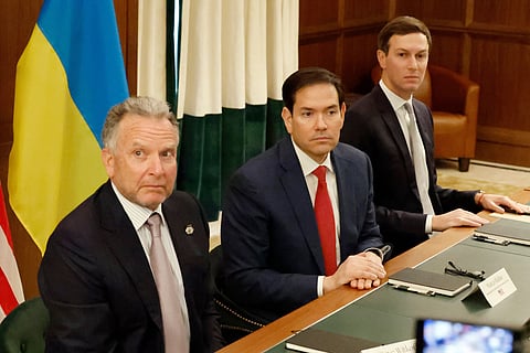 FILE - Special envoy Steve Witkoff, left, Secretary of State Marco Rubio, center, and Jared Kushner attend a meeting with Ukrainian officials, Nov. 30, 2025, in Hallandale Beach, Fla