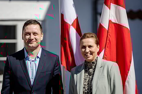 Denmark's Prime Minister Mette Frederiksen, right, and Greenland's Prime Minister Jens-Frederik Nielsen smile during their meeting at Marienborg in Kongens Lyngby, Denmark, on April 27, 2025. 