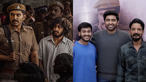 (L) A poster of Sirai; (R) LK Akshay Kumar, Vikram Prabhu and Suresh Rajakumari