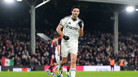 Fulham's Raul Jimenez celebrates scoring their side's first goal of the game during the Premier League match between NottinghamForest and Fulham, in London, Monday Dec. 22, 2025.