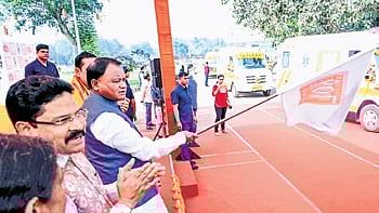Chief Minister Mohan Charan Majhi flagging off 108 ambulances at Kalinga Stadium in Bhubaneswar on Tuesday