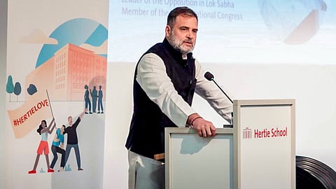 Leader of Opposition in the Lok Sabha and Congress leader Rahul Gandhi addresses a gathering during a visit to the Hertie School, in Berlin, Germany.