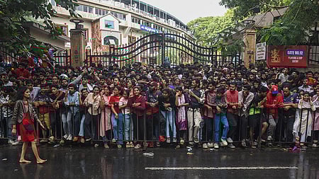 Fans gathered outside the M. Chinnaswamy Stadium.