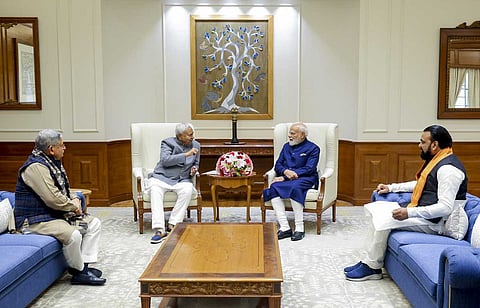 Prime Minister Narendra Modi, Union Minister Rajiv Ranjan (Lalan) Singh, Bihar Chief Minister Nitish Kumar and state Deputy Chief Minister Samrat Choudhary during a meeting, in New Delhi on Monday.