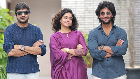 (From L to R) Sathish, Sharanya R, Aadi Saikumar from the pooja ceremony of the yet-to-be-titled film