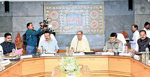 Deputy CM KV Singh Deo presides over the first meeting of ministerial committee on Mahanadi river water dispute, in Bhubaneswar on Tuesday.