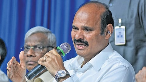 I&PR Minister K Parthasarathi speaking at the Meet-the-Press programme in Vijayawada.