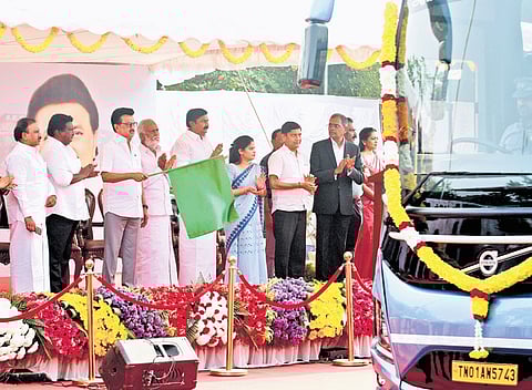 Chief Minister MK Stalin on Wednesday flagged off 20 AC multi-axle semi sleeper buses for State Express Transport Corporation.
