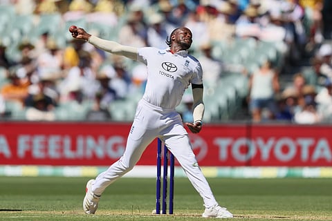 England's Jofra Archer bowls a delivery during play on day one of the third Ashes cricket test between England and Australia at the Adelaide Oval in Adelaide, Australia, Wednesday, Dec. 17, 2025. 
