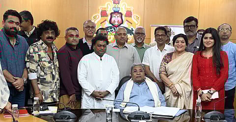 Chief Minister Siddaramaiah with members of Karnataka’s film fraternity after a meeting to discuss arrangements for the 17th BIFFes on Tuesday.