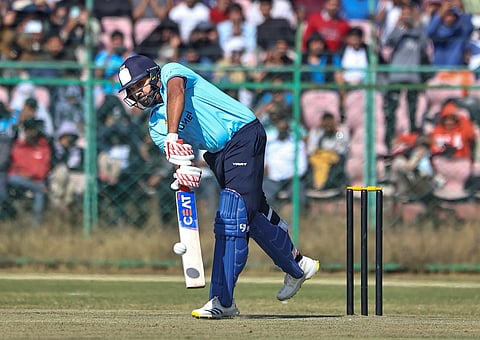 Mumbai's Rohit Sharma plays a shot during the Vijay Hazare Trophy match between Mumbai and Sikkim at Sawai Mansingh Stadium in Jaipur (Photo | PTI)