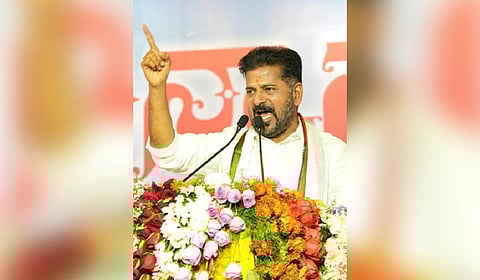 Chief Minister A Revanth Reddy speaks during the felicitation ceremony for newly elected sarpanches at Kodangal.