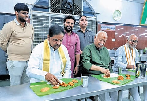 RSS chief Mohan Bhagwat with TTD Chairman BR Naidu at Tirumala 
