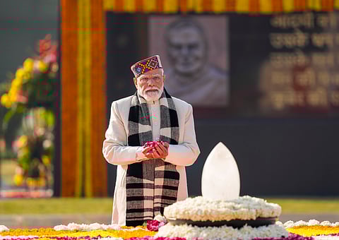 Prime Minister Narendra Modi pays tribute to former prime minister Atal Bihari Vajpayee on his 101st birth anniversary, at 'Sadaiv Atal'.