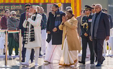 President Droupadi Murmu, Vice President CP Radhakrishnan, former vice president M. Venkaiah Naidu and Prime Minister Narendra Modi during a ceremony to pay tribute to former prime minister Atal Bihari Vajpayee on his 101st birth anniversary, at 'Sadaiv Atal', in New Delhi, Thursday, Dec. 25, 2025.
