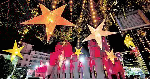 St Teresas Church at Nungambakkam illuminated with strings of coloured lights for Christmas on Wednesday.