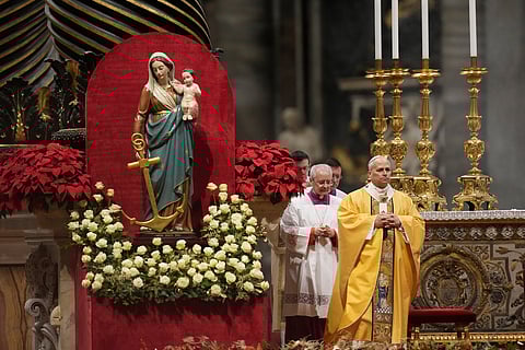 Pope Leo XIV celebrates the Christmas Eve Mass in St. Peter's Basilica at The Vatican, Wednesday, Dec.24, 2025.