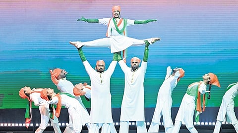 Artistes perform on Veer Bal Diwas at the Thyagraj Stadium on Friday.
