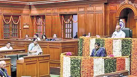 Delhi Chief Minister Rekha Gupta speaks during the monsoon session of the Delhi Assembly.
