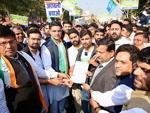 The NSUI held a protest march in Jaipur on Friday as part of its campaign to save the Aravallis. It was attended by Congress National General Secretary Sachin Pilot. (Photo | Special arrangement)
