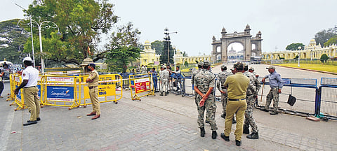 Police on Friday barricade the spot outside the Mysuru Palace where a helium cylinder exploded on Thursday evening, killing three people.  