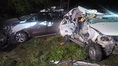 The mangled remains of the two SUVs that were involved in the accident on the Tiruchi-Chennai National Highway