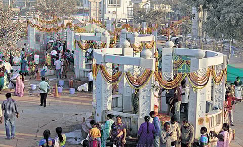 The newly constructed stone altars, bedecked with flowers even as devotees offer prayers on Friday, are much ahead of the biennial jatara.