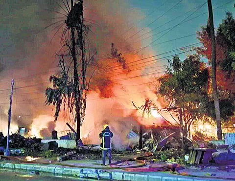 Fire and rescue services personnel put out the fire, which broke out at a scrap godown in Anna Nagar on Sunday evening, after a struggle of three hours.