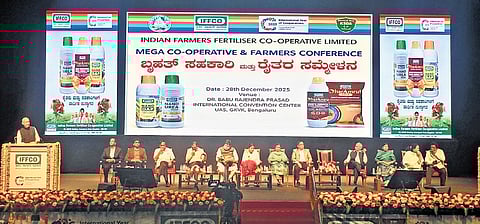 Diginitaries attend the conference at the Dr Babu Rajendra International Auditorium at GKVK in Bengaluru on Sunday | Express