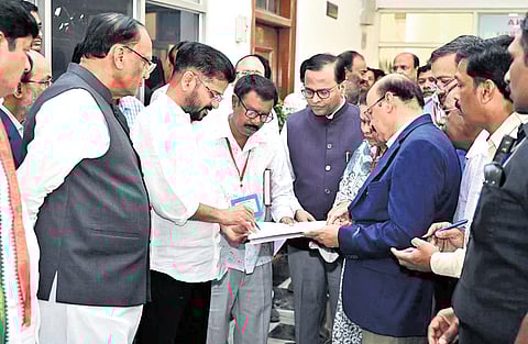 Chief Minister A Revanth Reddy inspects the ongoing repair works at the Legislative Council building located on the Assembly premises in Hyderabad on Monday.