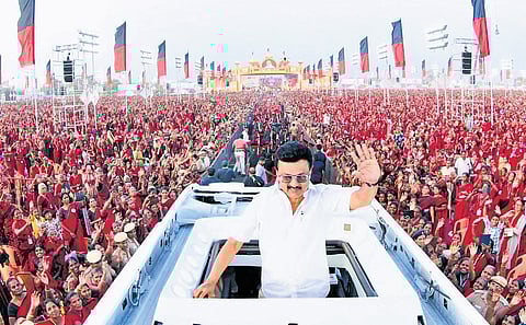 CM M K Stalin during the DMK women’s wing west zone conference presided over by party deputy secretary Kanimozhi Karunanidhi in Tiruppur on Monday 